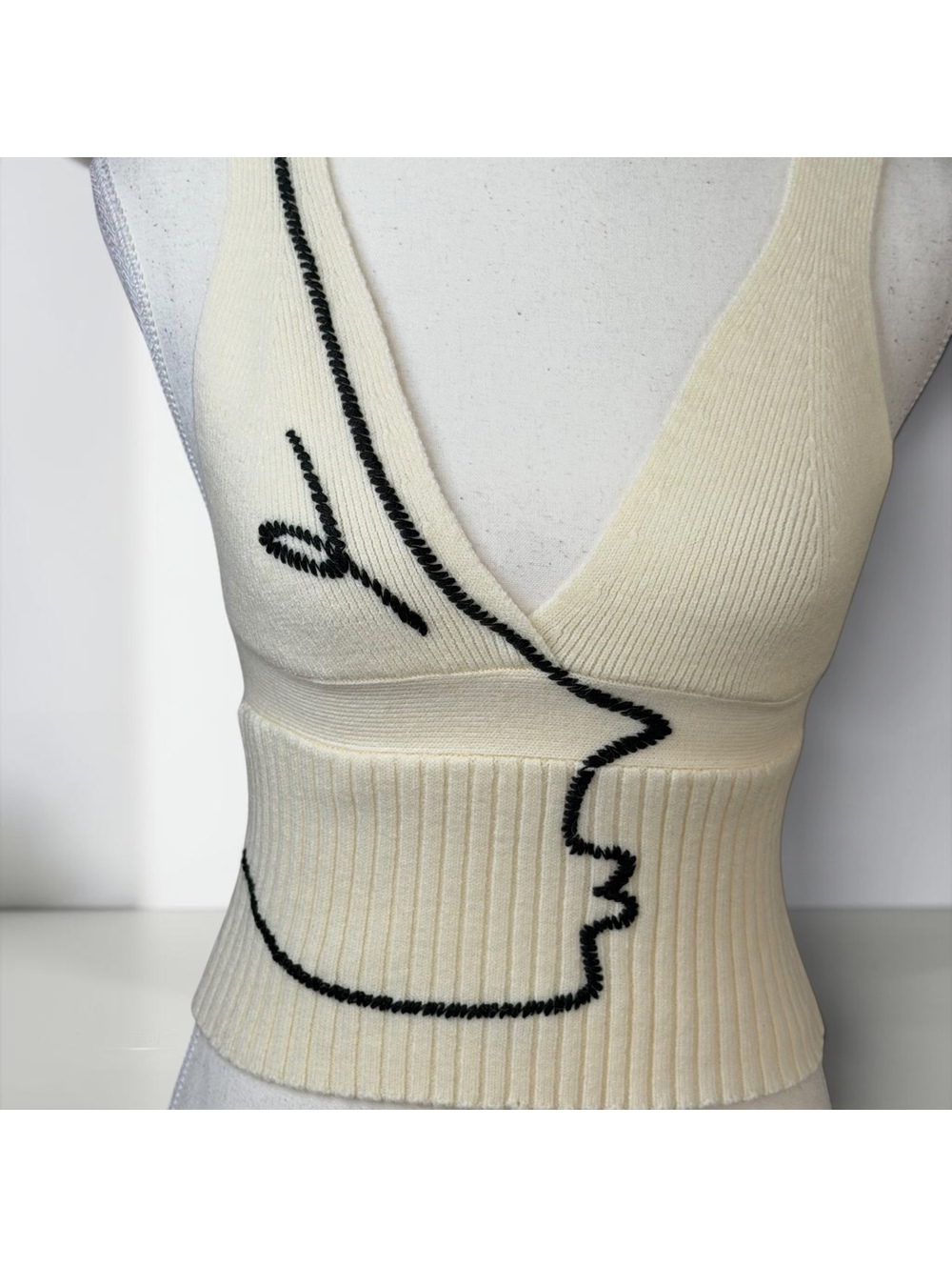 ZARA x KOKETIT Embroidered Face Knit Top Cream White Ribbed V-Neck Tank Sz S - Picture 3 of 4
